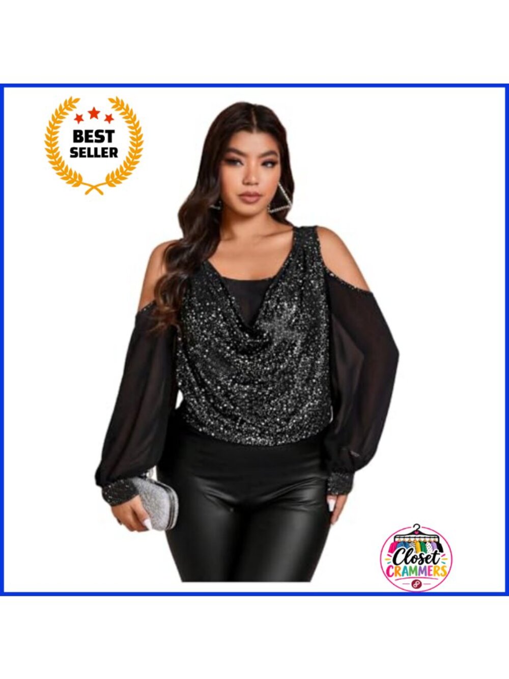 Plus Size Cold Shoulder Sheer Mesh Blouse Floral Embroidery Cowl Neck Top